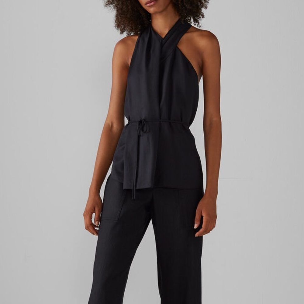 Club Monaco Black Cross Over Halter Sleeveless Blouse